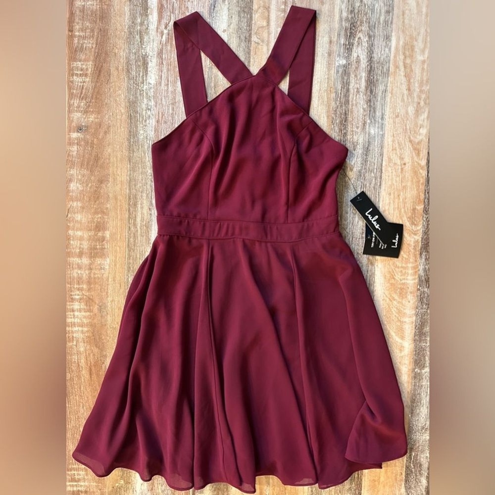Lulu's Burgundy Dress with Halter Neck and Swing Skirt, Size Small, NWT - Picture 2 of 15